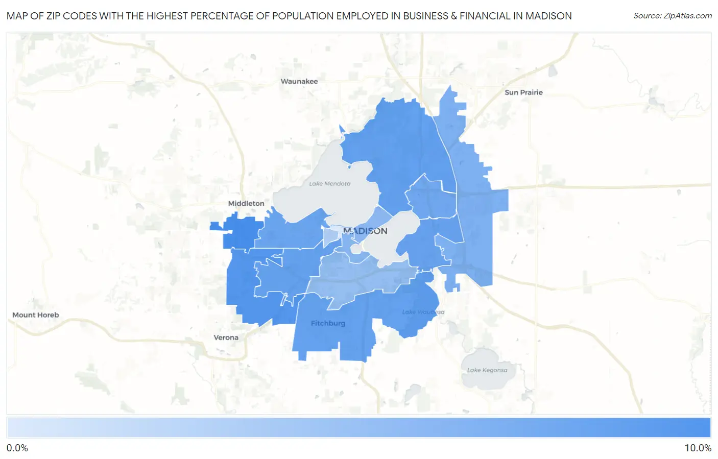 Zip Codes with the Highest Percentage of Population Employed in Business & Financial in Madison Map