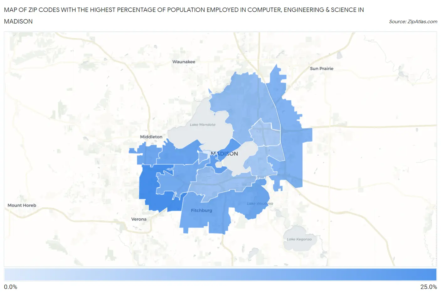 Zip Codes with the Highest Percentage of Population Employed in Computer, Engineering & Science in Madison Map