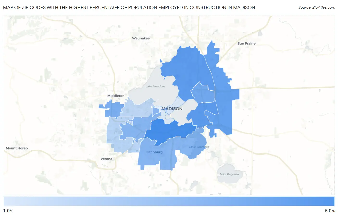 Zip Codes with the Highest Percentage of Population Employed in Construction in Madison Map