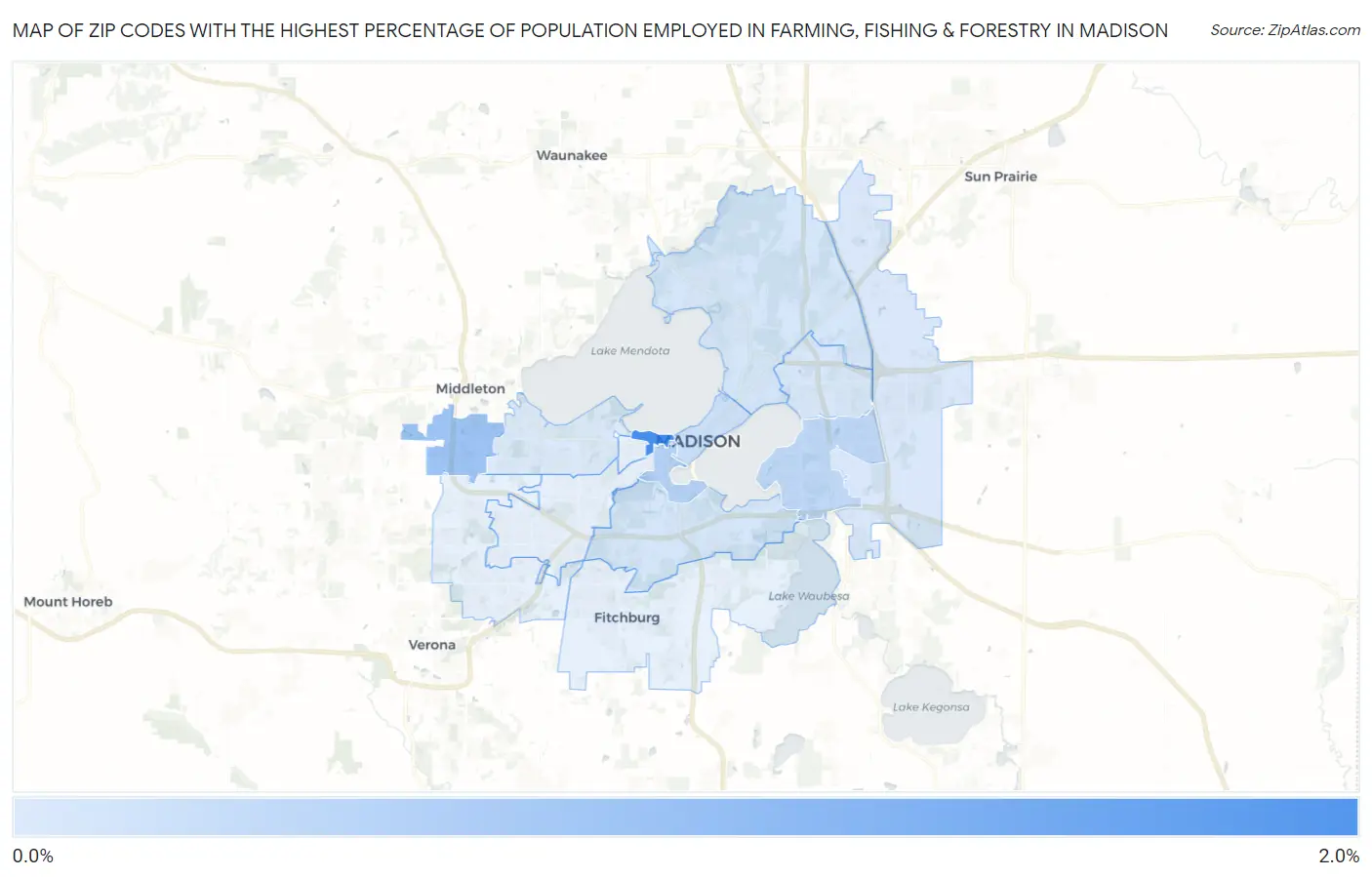 Zip Codes with the Highest Percentage of Population Employed in Farming, Fishing & Forestry in Madison Map