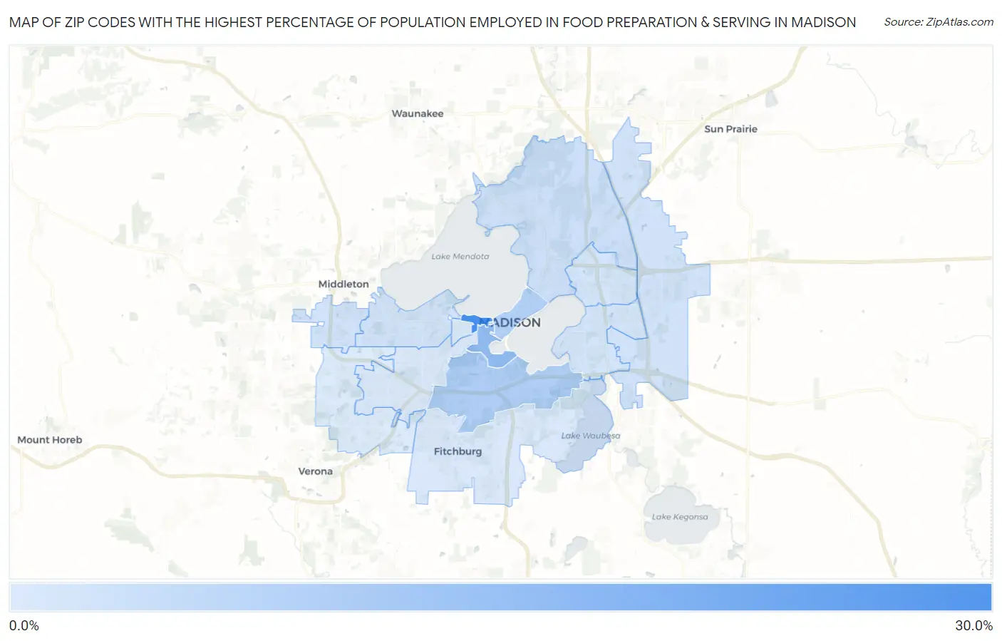 Zip Codes with the Highest Percentage of Population Employed in Food Preparation & Serving in Madison Map