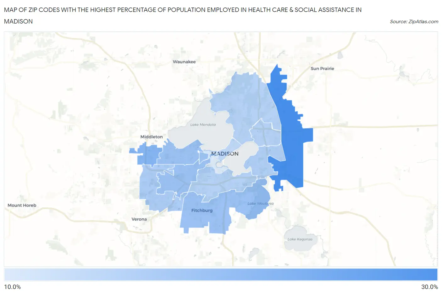 Zip Codes with the Highest Percentage of Population Employed in Health Care & Social Assistance in Madison Map