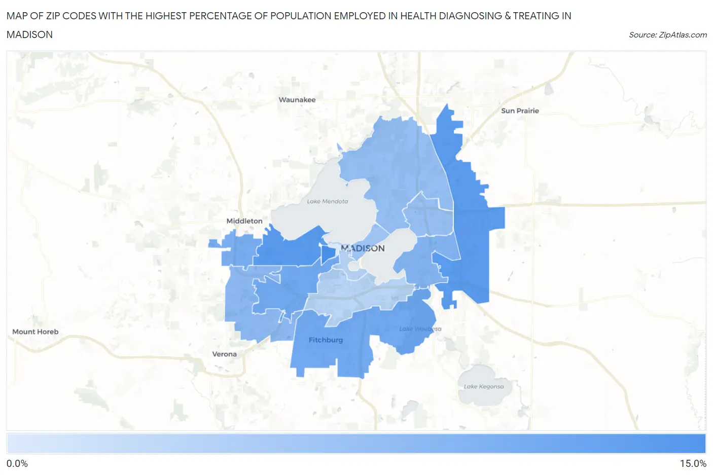Zip Codes with the Highest Percentage of Population Employed in Health Diagnosing & Treating in Madison Map