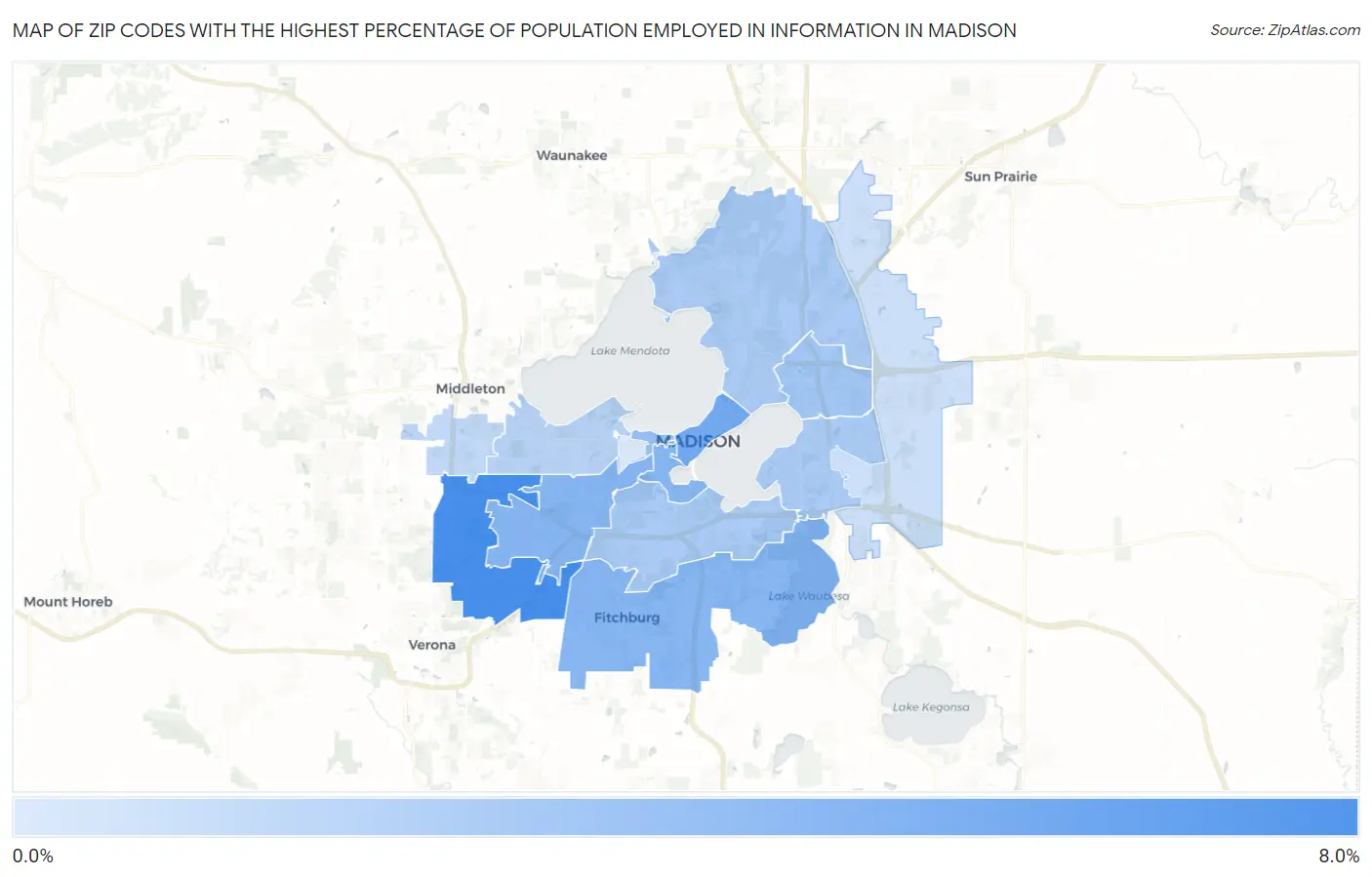 Zip Codes with the Highest Percentage of Population Employed in Information in Madison Map