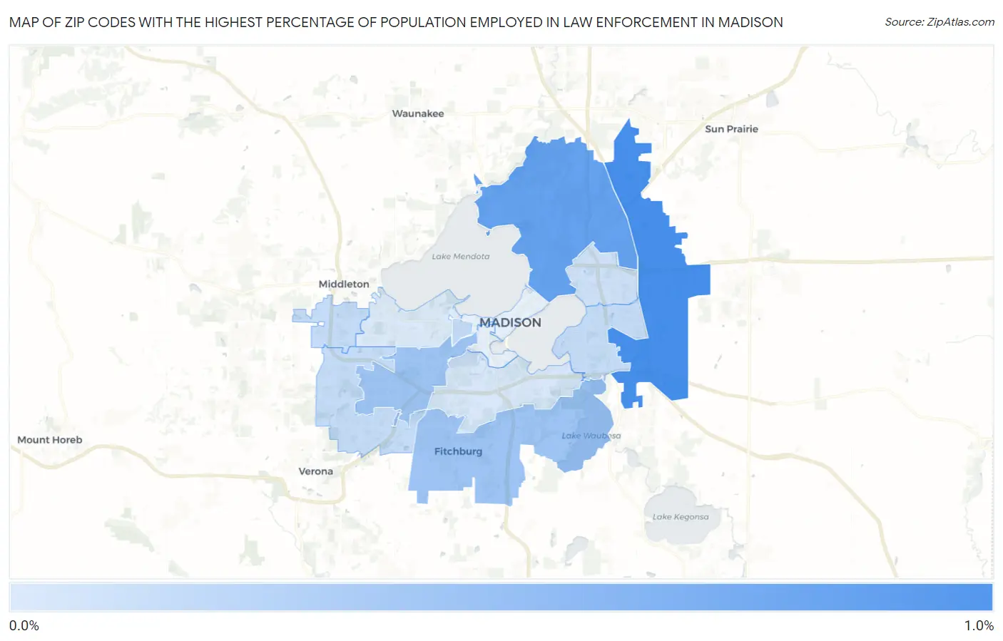 Zip Codes with the Highest Percentage of Population Employed in Law Enforcement in Madison Map