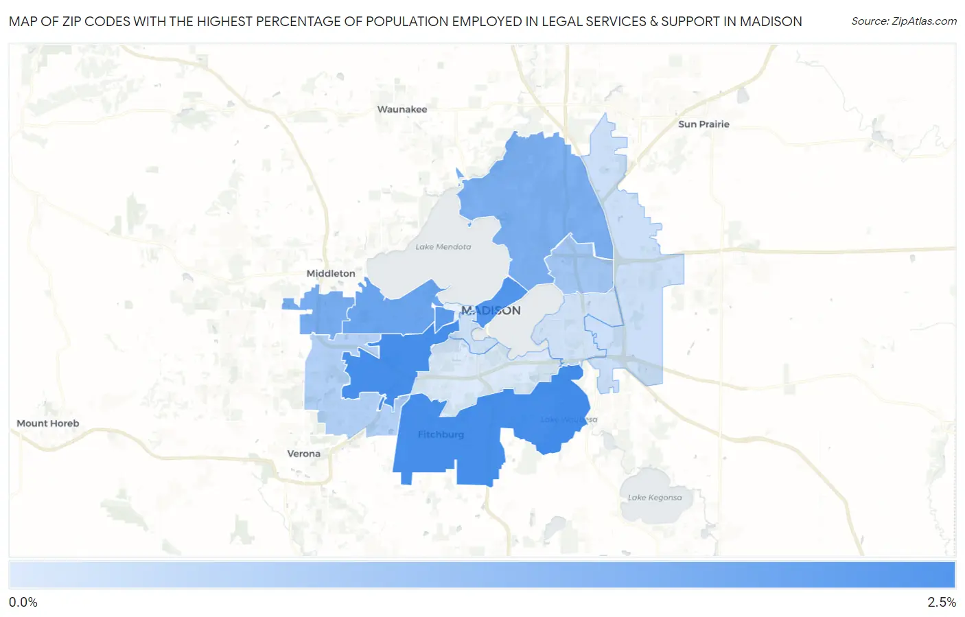 Zip Codes with the Highest Percentage of Population Employed in Legal Services & Support in Madison Map