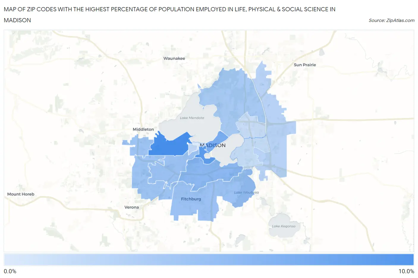 Zip Codes with the Highest Percentage of Population Employed in Life, Physical & Social Science in Madison Map