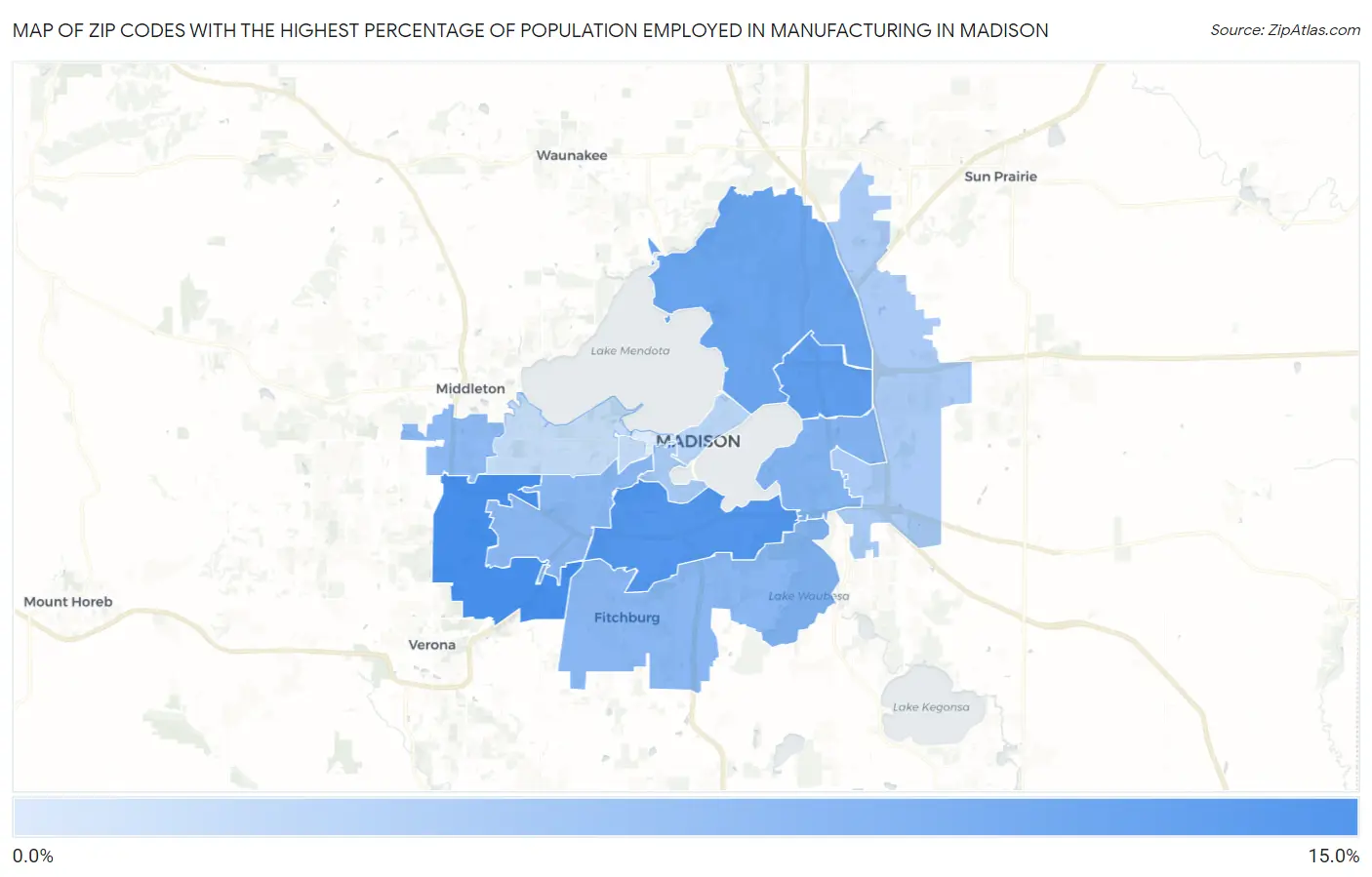 Zip Codes with the Highest Percentage of Population Employed in Manufacturing in Madison Map
