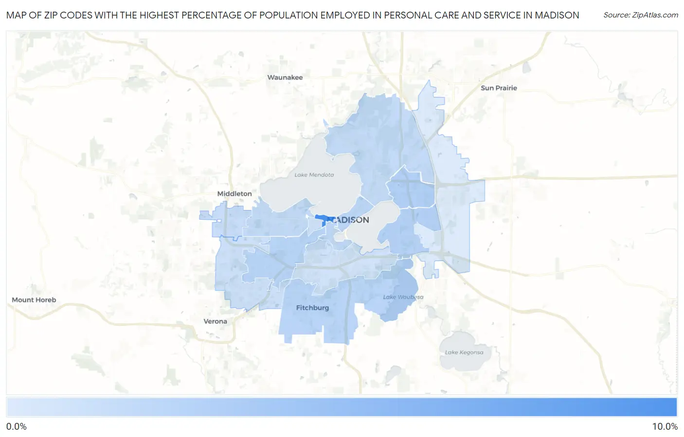 Zip Codes with the Highest Percentage of Population Employed in Personal Care and Service in Madison Map