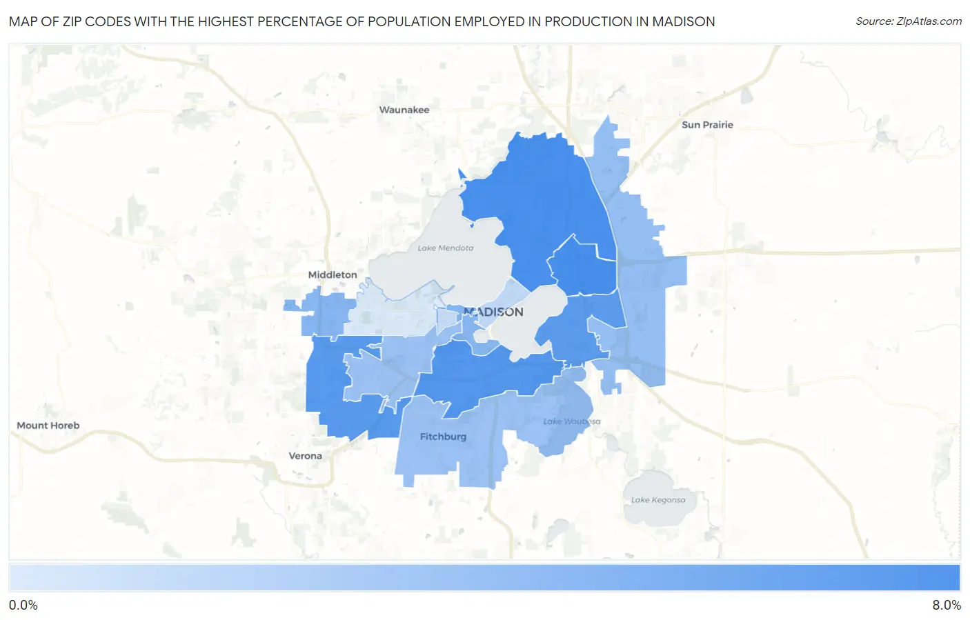 Zip Codes with the Highest Percentage of Population Employed in Production in Madison Map