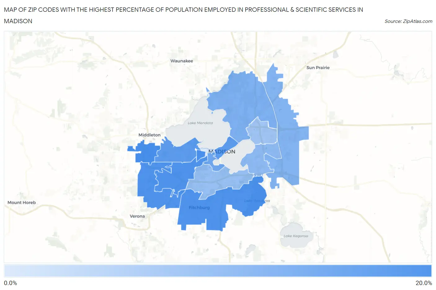 Zip Codes with the Highest Percentage of Population Employed in Professional & Scientific Services in Madison Map