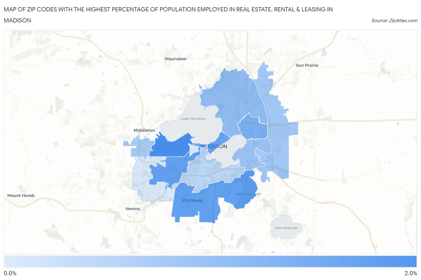 Zip Codes with the Highest Percentage of Population Employed in Real Estate, Rental & Leasing in Madison Map