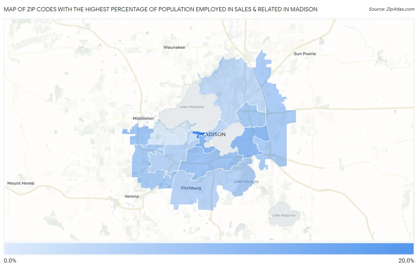 Zip Codes with the Highest Percentage of Population Employed in Sales & Related in Madison Map