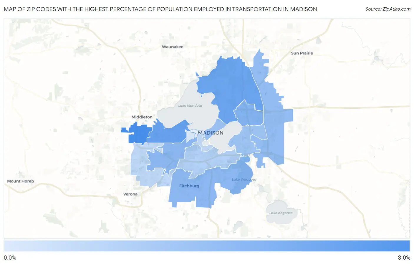 Zip Codes with the Highest Percentage of Population Employed in Transportation in Madison Map