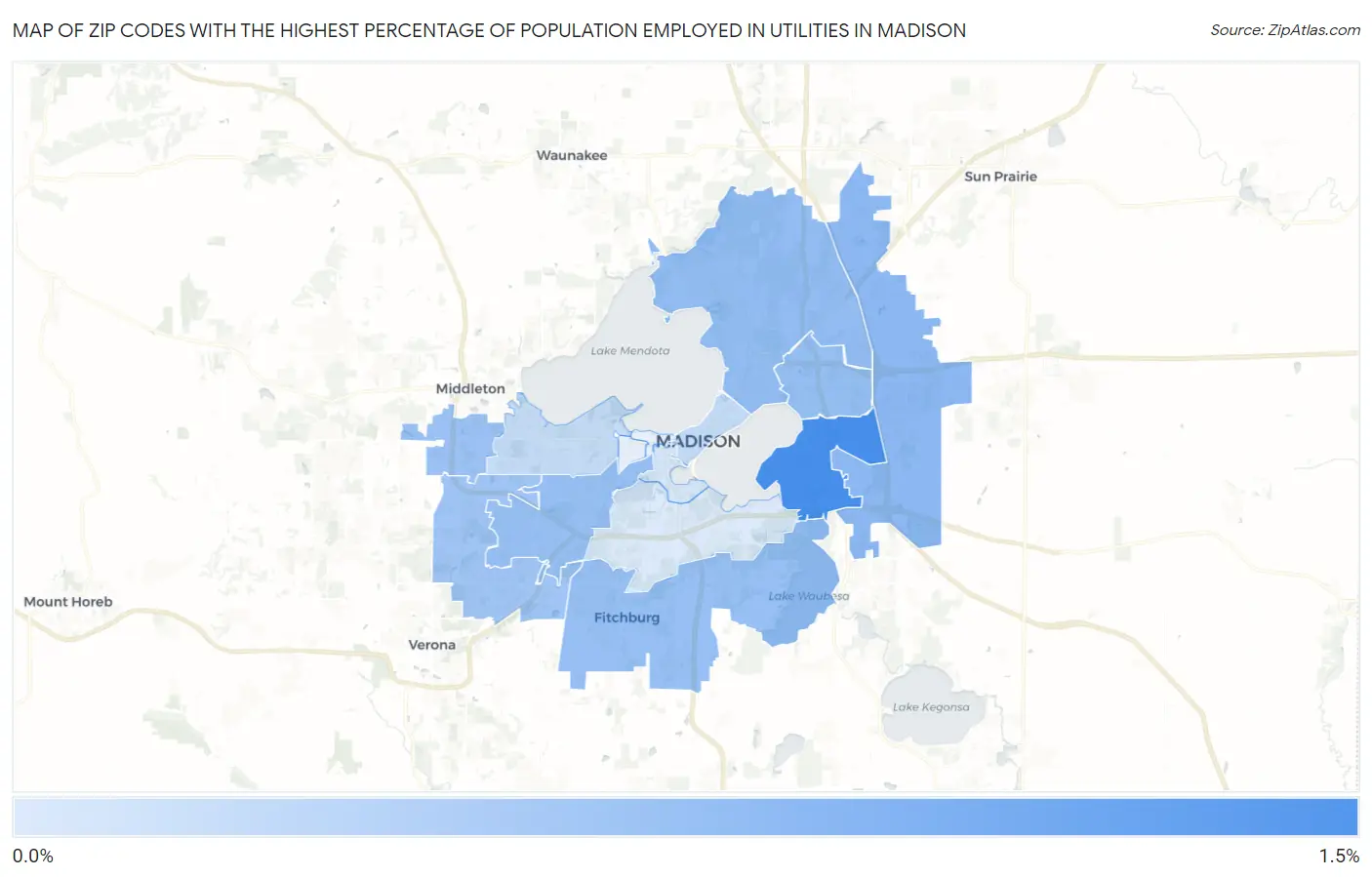 Zip Codes with the Highest Percentage of Population Employed in Utilities in Madison Map