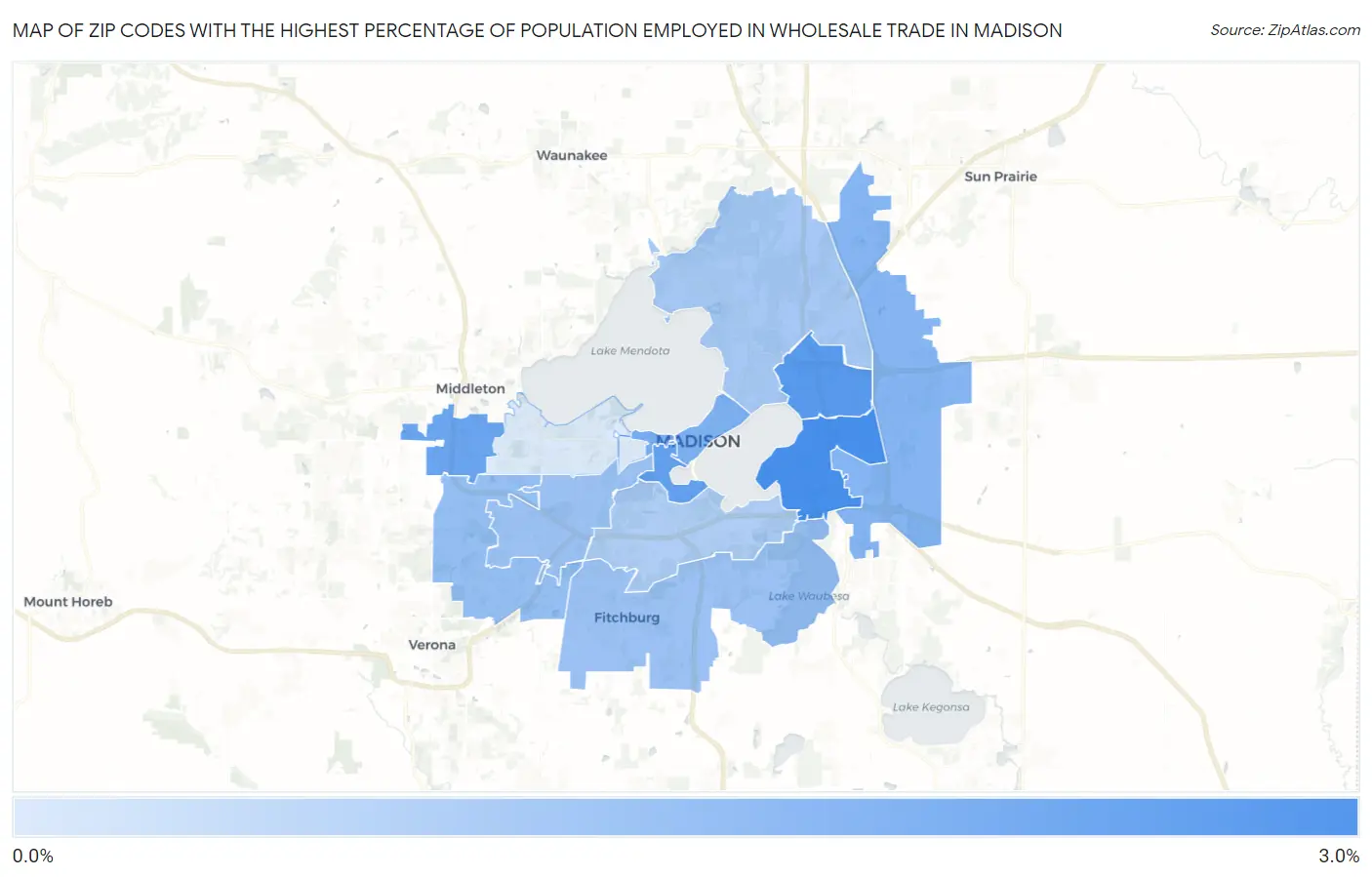 Zip Codes with the Highest Percentage of Population Employed in Wholesale Trade in Madison Map