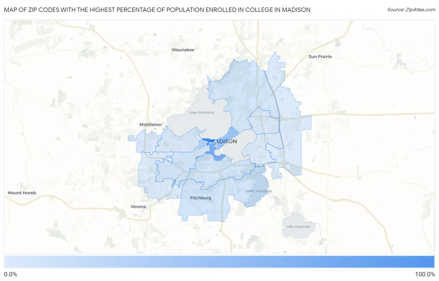 Zip Codes with the Highest Percentage of Population Enrolled in College in Madison Map