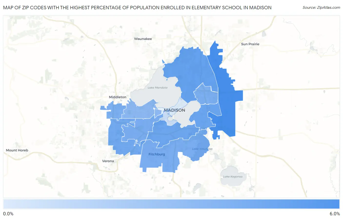 Zip Codes with the Highest Percentage of Population Enrolled in Elementary School in Madison Map