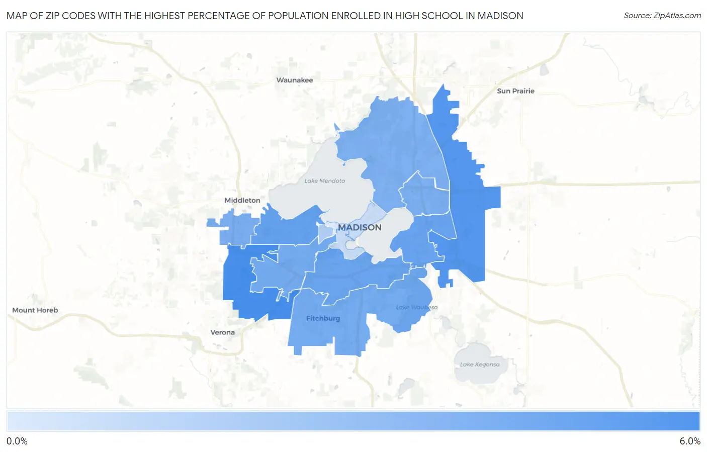 Zip Codes with the Highest Percentage of Population Enrolled in High School in Madison Map