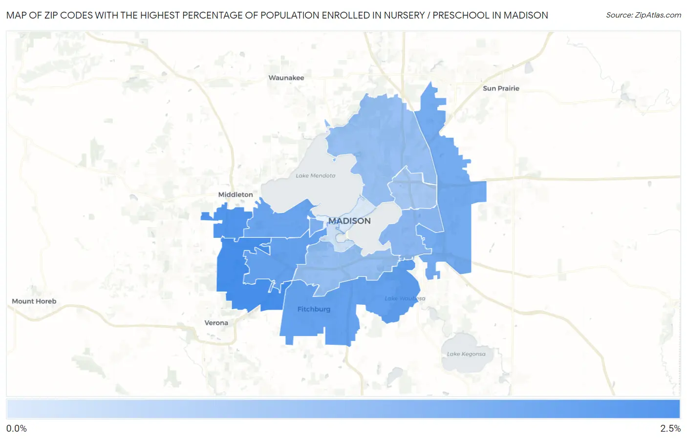 Zip Codes with the Highest Percentage of Population Enrolled in Nursery / Preschool in Madison Map
