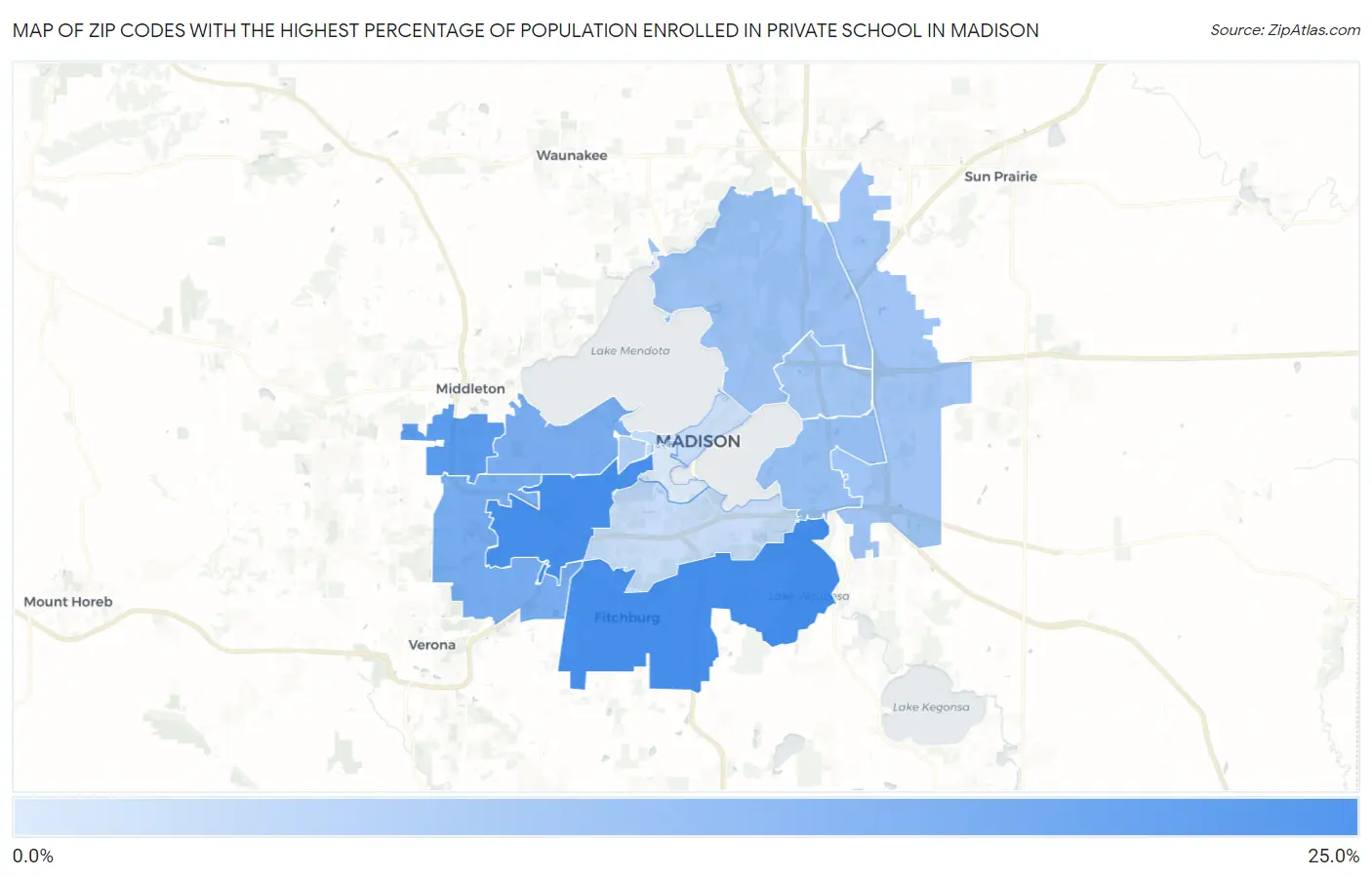 Zip Codes with the Highest Percentage of Population Enrolled in Private School in Madison Map