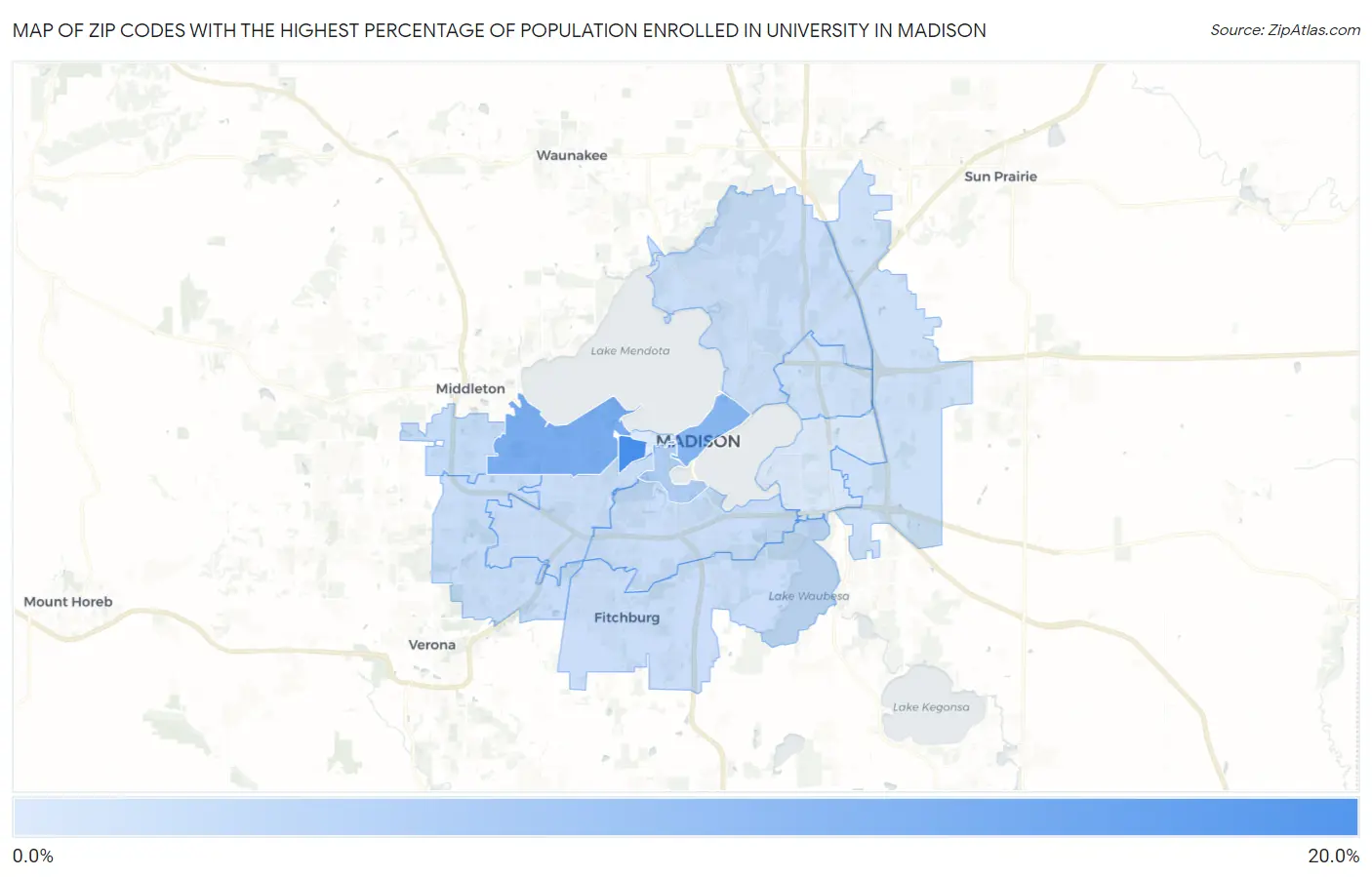 Zip Codes with the Highest Percentage of Population Enrolled in University in Madison Map