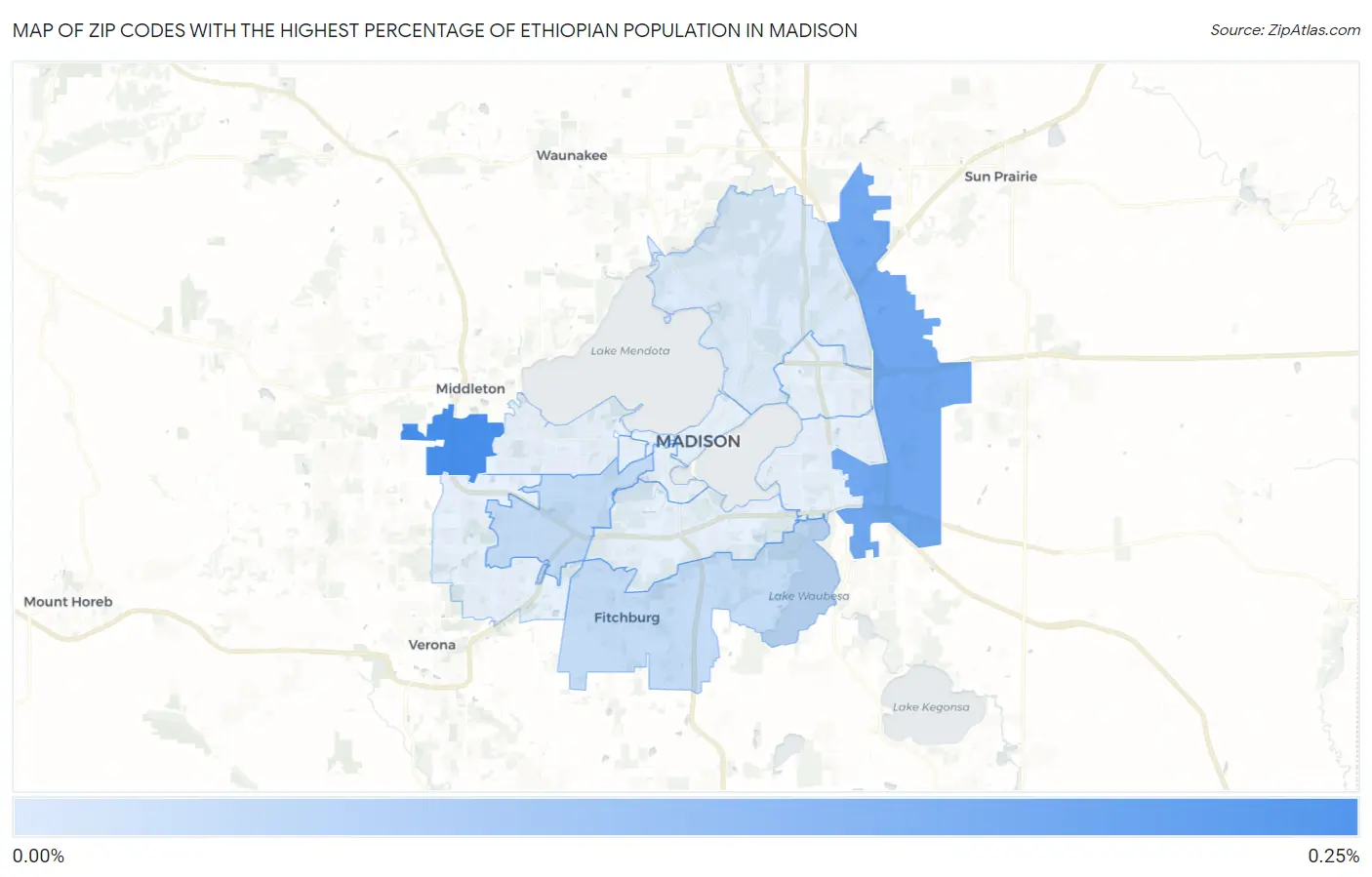 Zip Codes with the Highest Percentage of Ethiopian Population in Madison Map