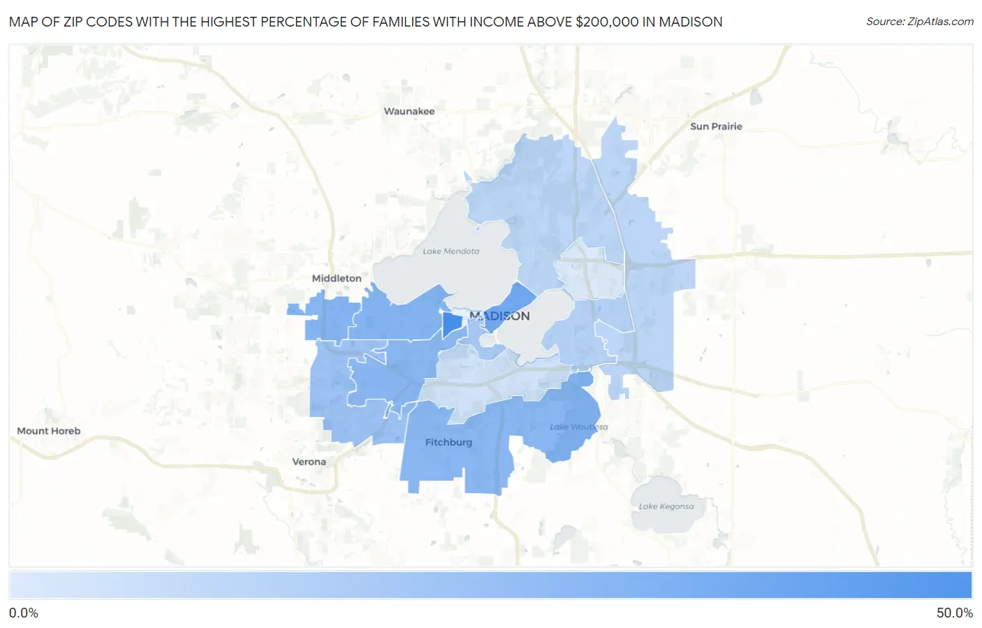 Zip Codes with the Highest Percentage of Families with Income Above $200,000 in Madison Map