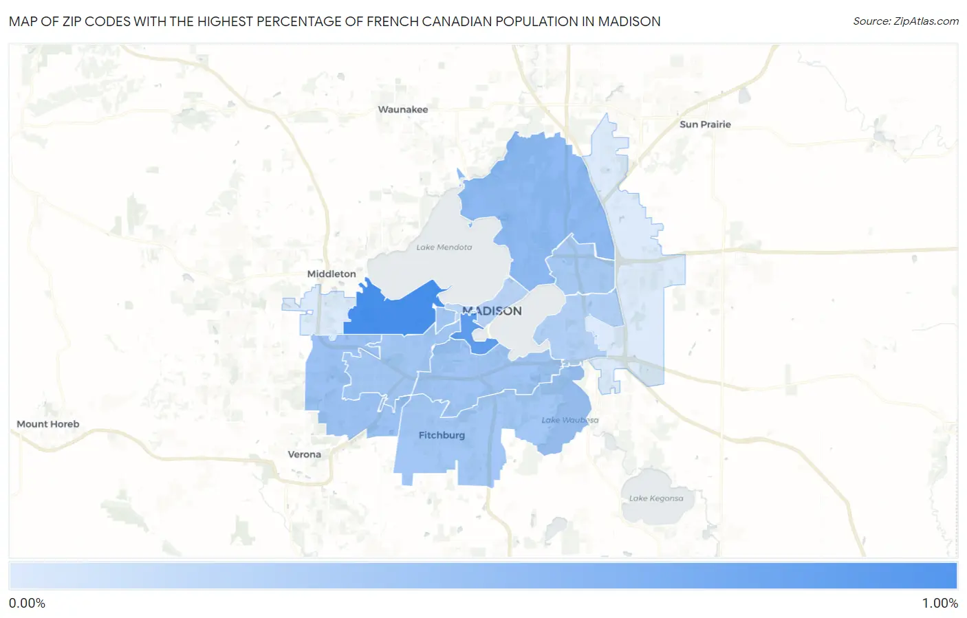 Zip Codes with the Highest Percentage of French Canadian Population in Madison Map
