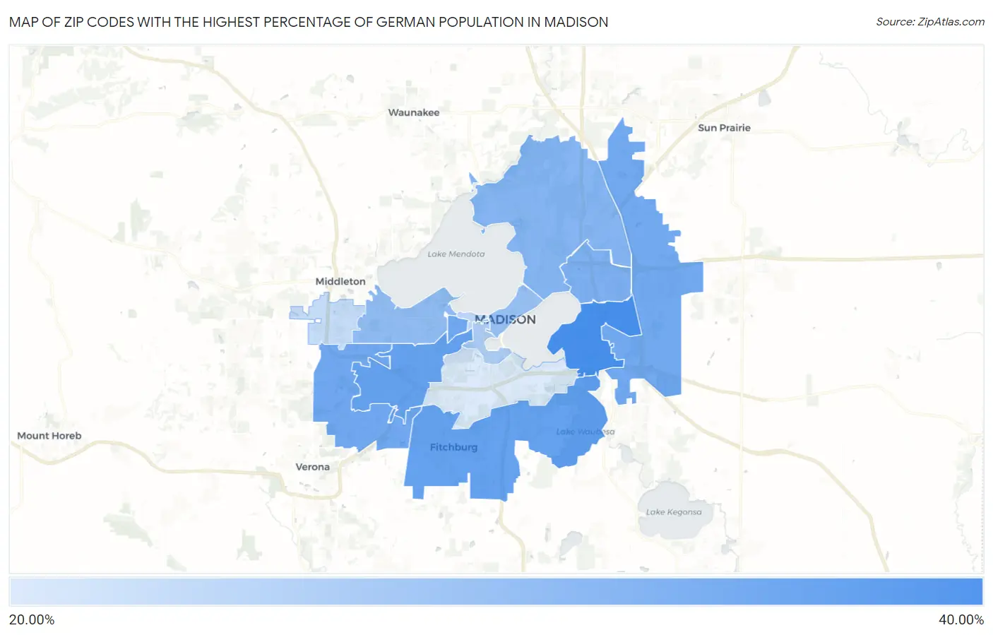 Zip Codes with the Highest Percentage of German Population in Madison Map