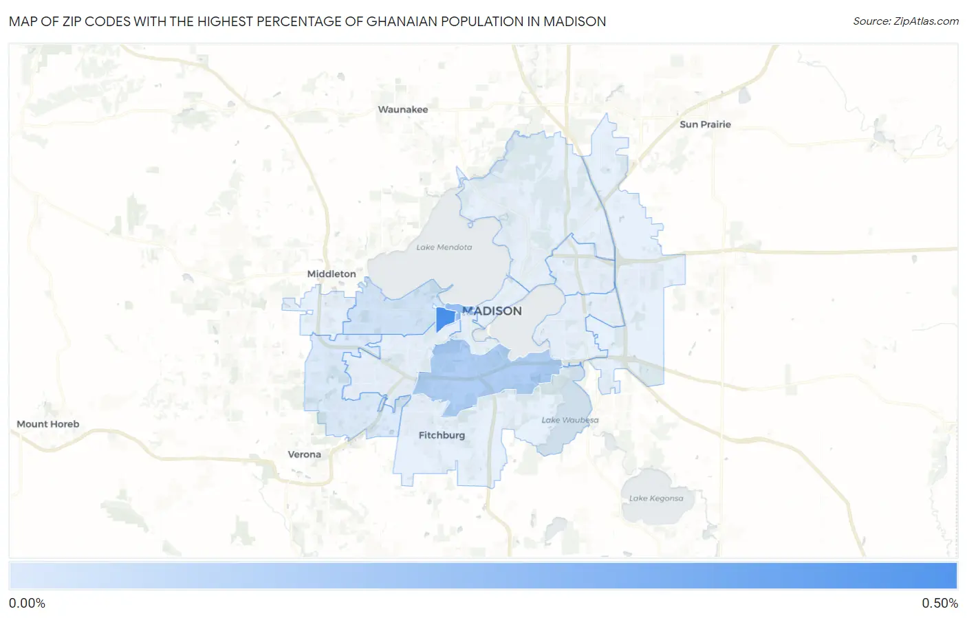 Zip Codes with the Highest Percentage of Ghanaian Population in Madison Map