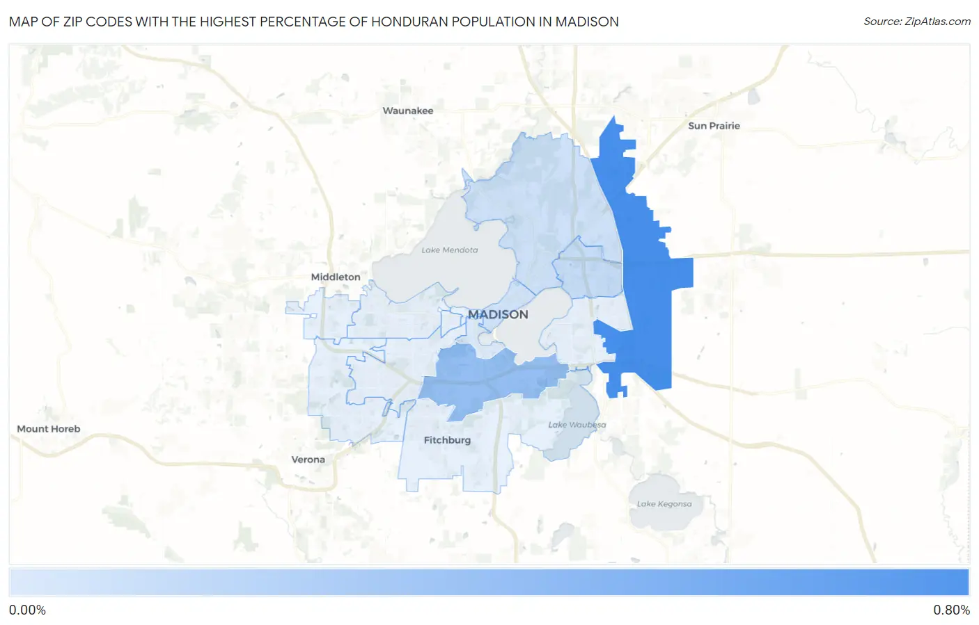 Zip Codes with the Highest Percentage of Honduran Population in Madison Map