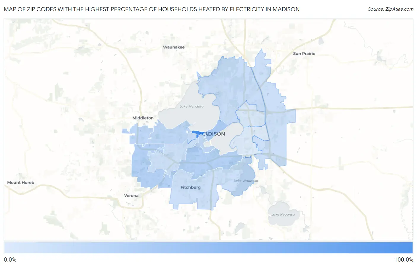 Zip Codes with the Highest Percentage of Households Heated by Electricity in Madison Map