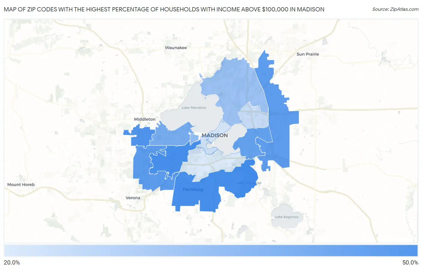 Zip Codes with the Highest Percentage of Households with Income Above $100,000 in Madison Map