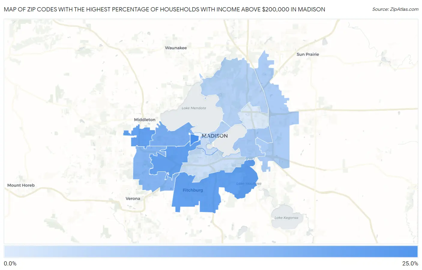 Zip Codes with the Highest Percentage of Households with Income Above $200,000 in Madison Map