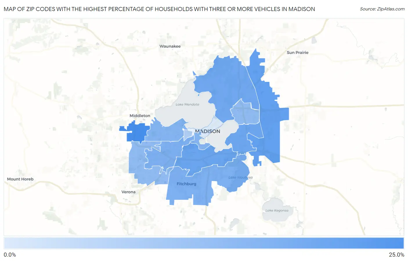 Zip Codes with the Highest Percentage of Households With Three or more Vehicles in Madison Map