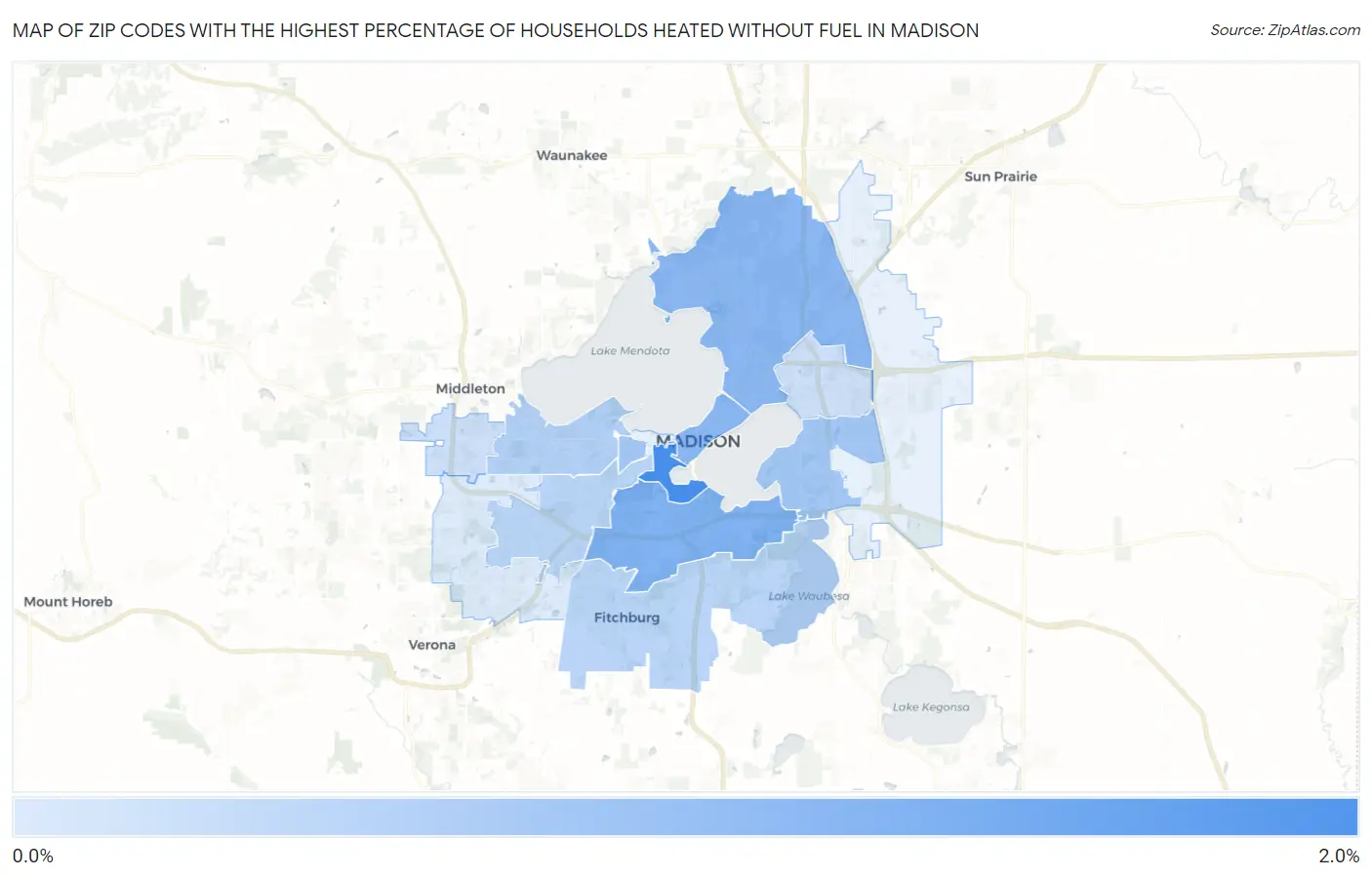 Zip Codes with the Highest Percentage of Households Heated without Fuel in Madison Map