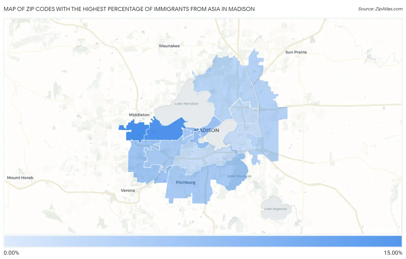 Zip Codes with the Highest Percentage of Immigrants from Asia in Madison Map