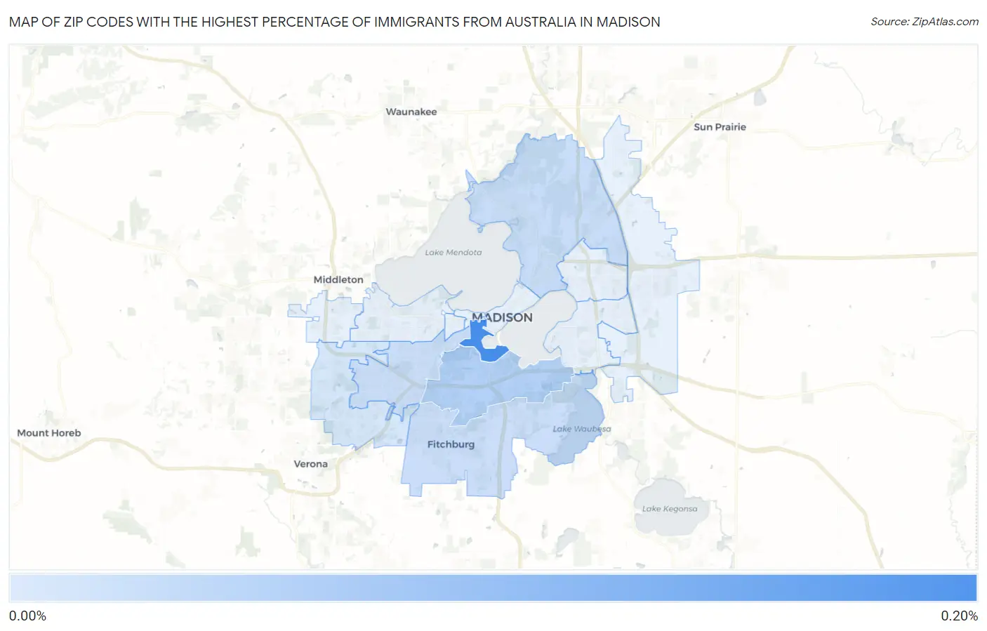 Zip Codes with the Highest Percentage of Immigrants from Australia in Madison Map