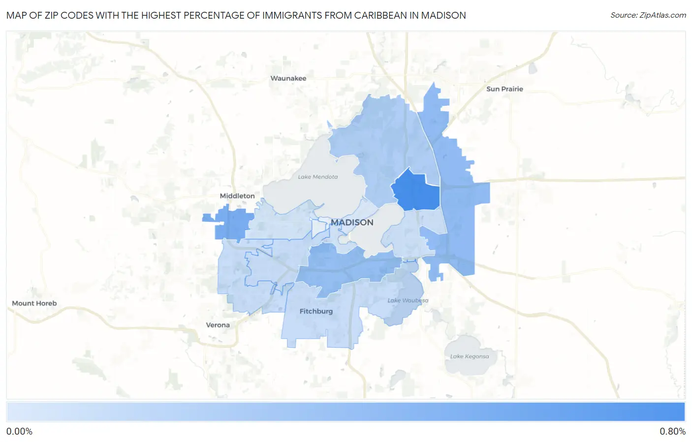Zip Codes with the Highest Percentage of Immigrants from Caribbean in Madison Map