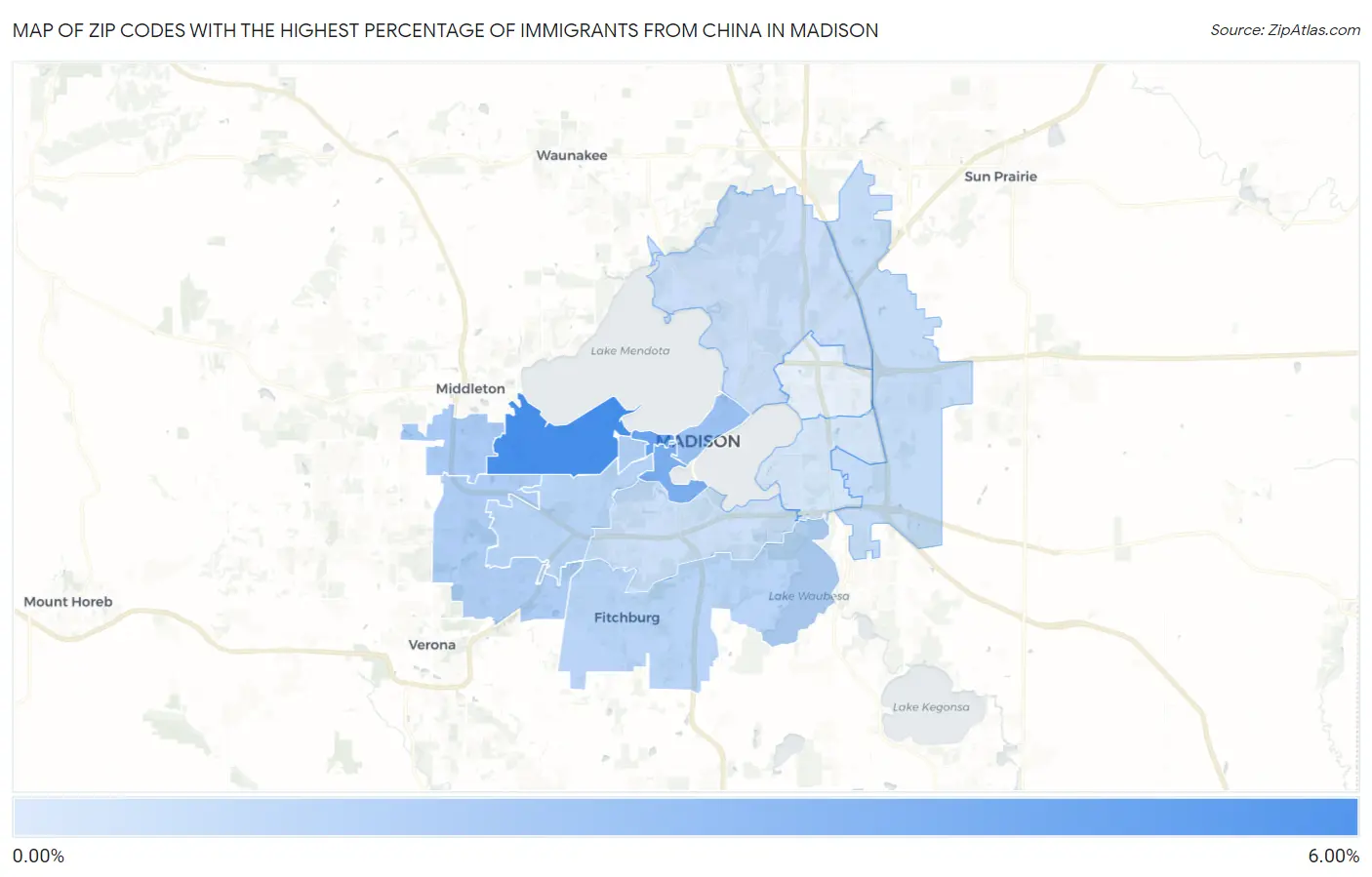 Zip Codes with the Highest Percentage of Immigrants from China in Madison Map