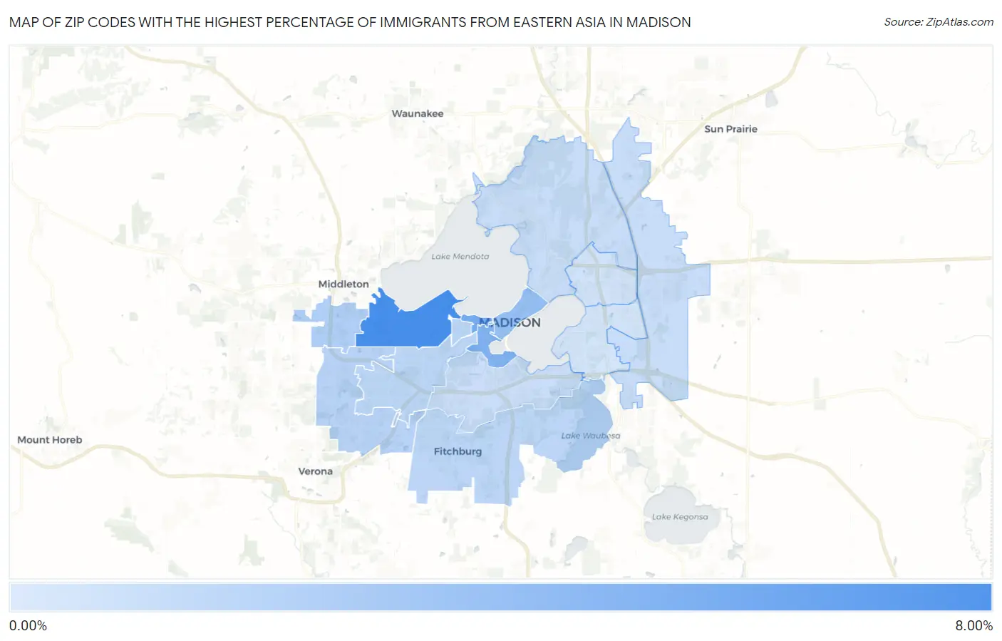 Zip Codes with the Highest Percentage of Immigrants from Eastern Asia in Madison Map