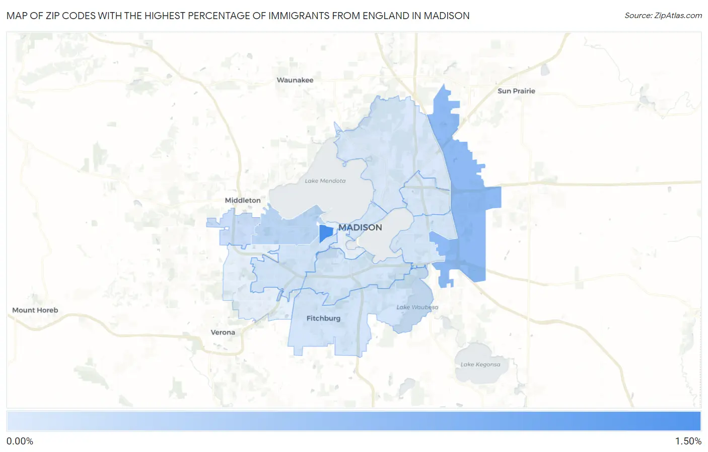 Zip Codes with the Highest Percentage of Immigrants from England in Madison Map