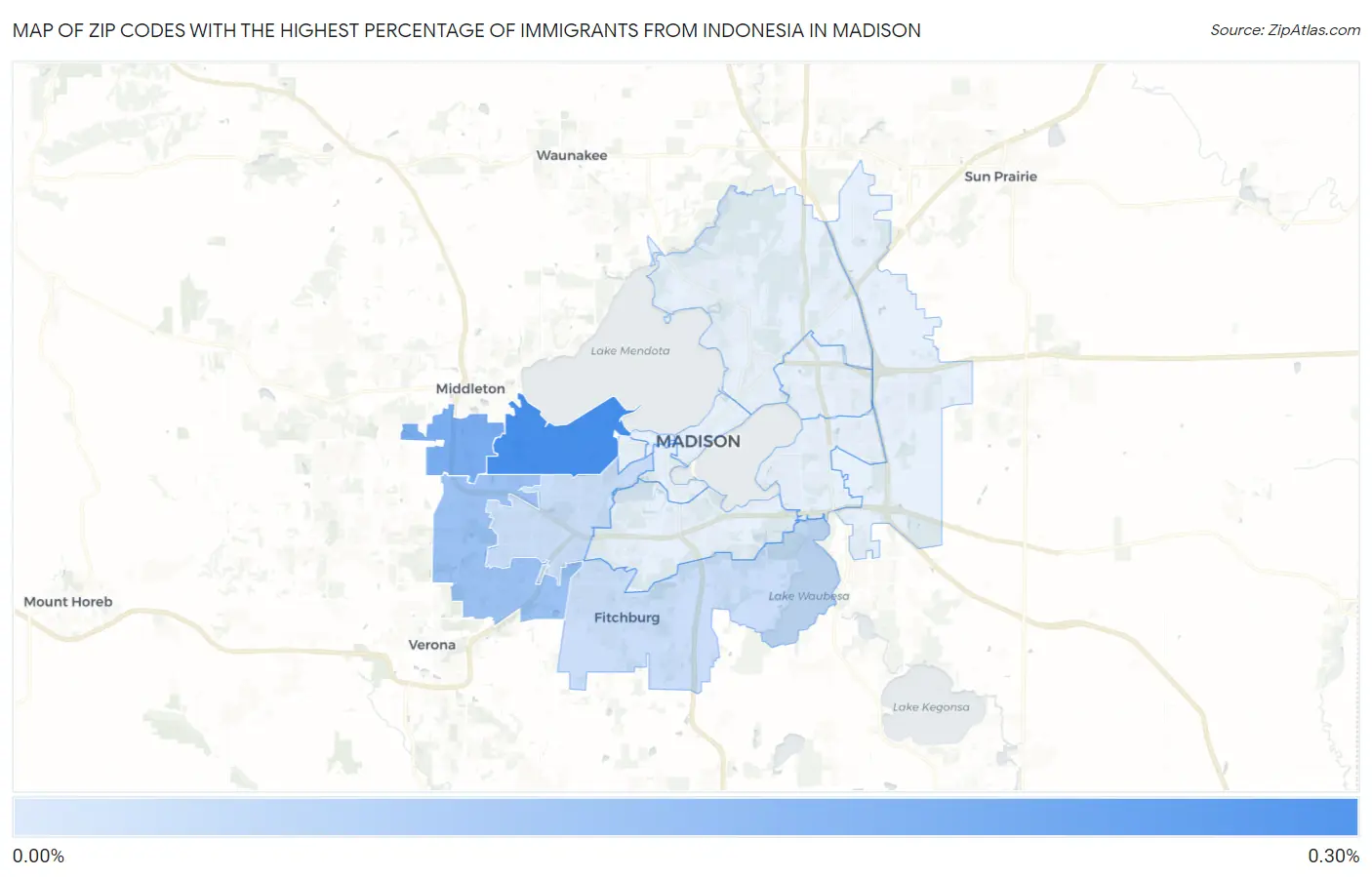 Zip Codes with the Highest Percentage of Immigrants from Indonesia in Madison Map