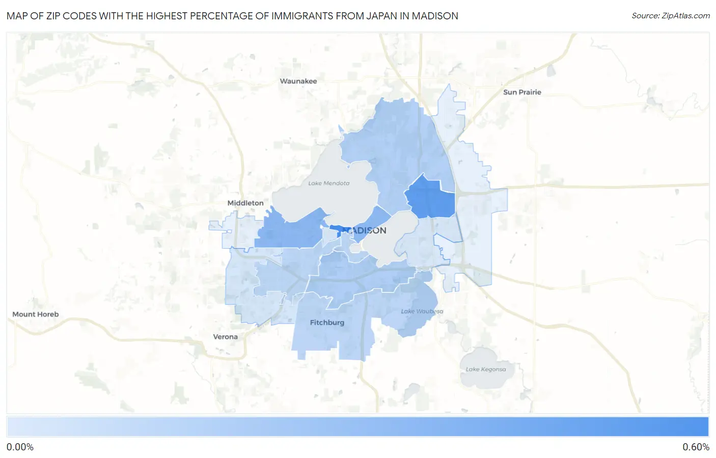 Zip Codes with the Highest Percentage of Immigrants from Japan in Madison Map