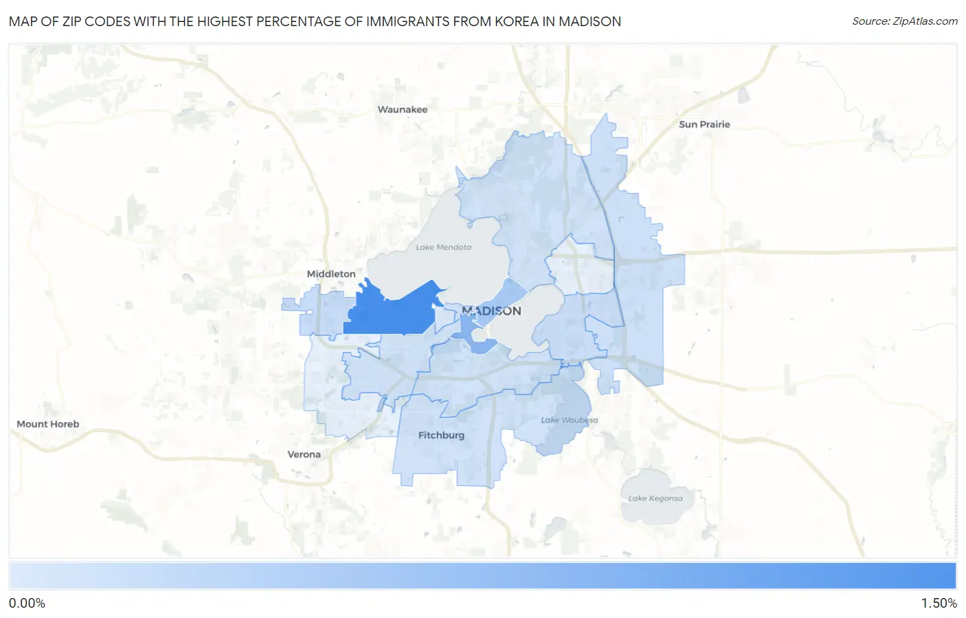 Zip Codes with the Highest Percentage of Immigrants from Korea in Madison Map