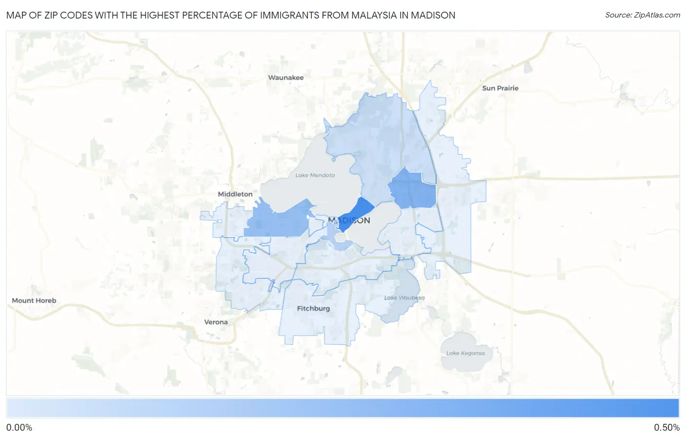 Zip Codes with the Highest Percentage of Immigrants from Malaysia in Madison Map