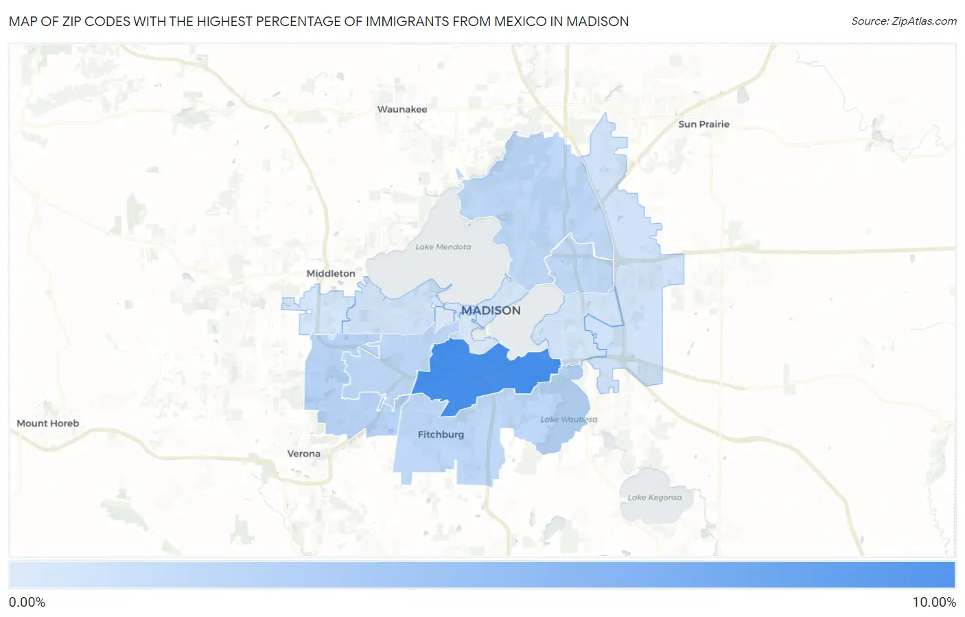 Zip Codes with the Highest Percentage of Immigrants from Mexico in Madison Map