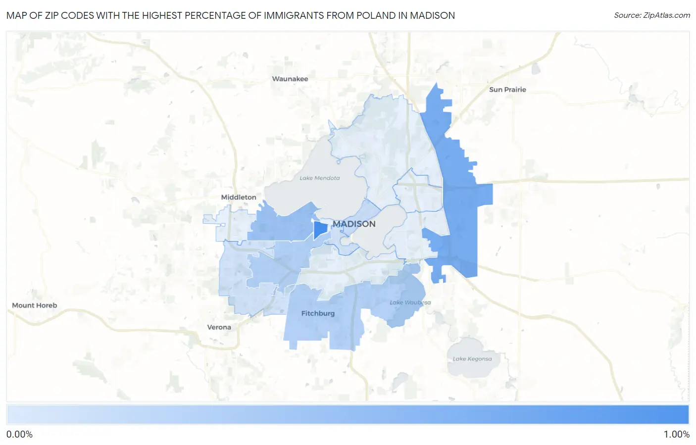 Zip Codes with the Highest Percentage of Immigrants from Poland in Madison Map
