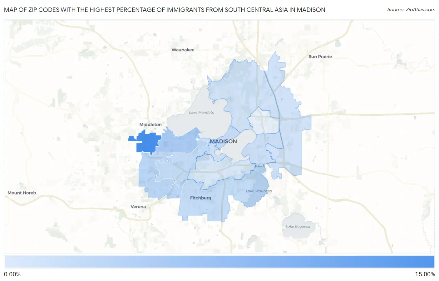 Zip Codes with the Highest Percentage of Immigrants from South Central Asia in Madison Map